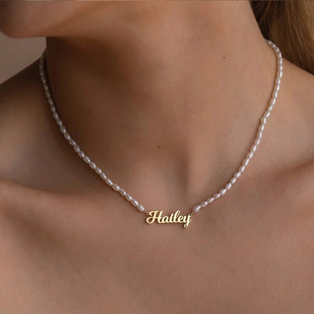 Pearl Necklace with Custom Name Gold Pendant