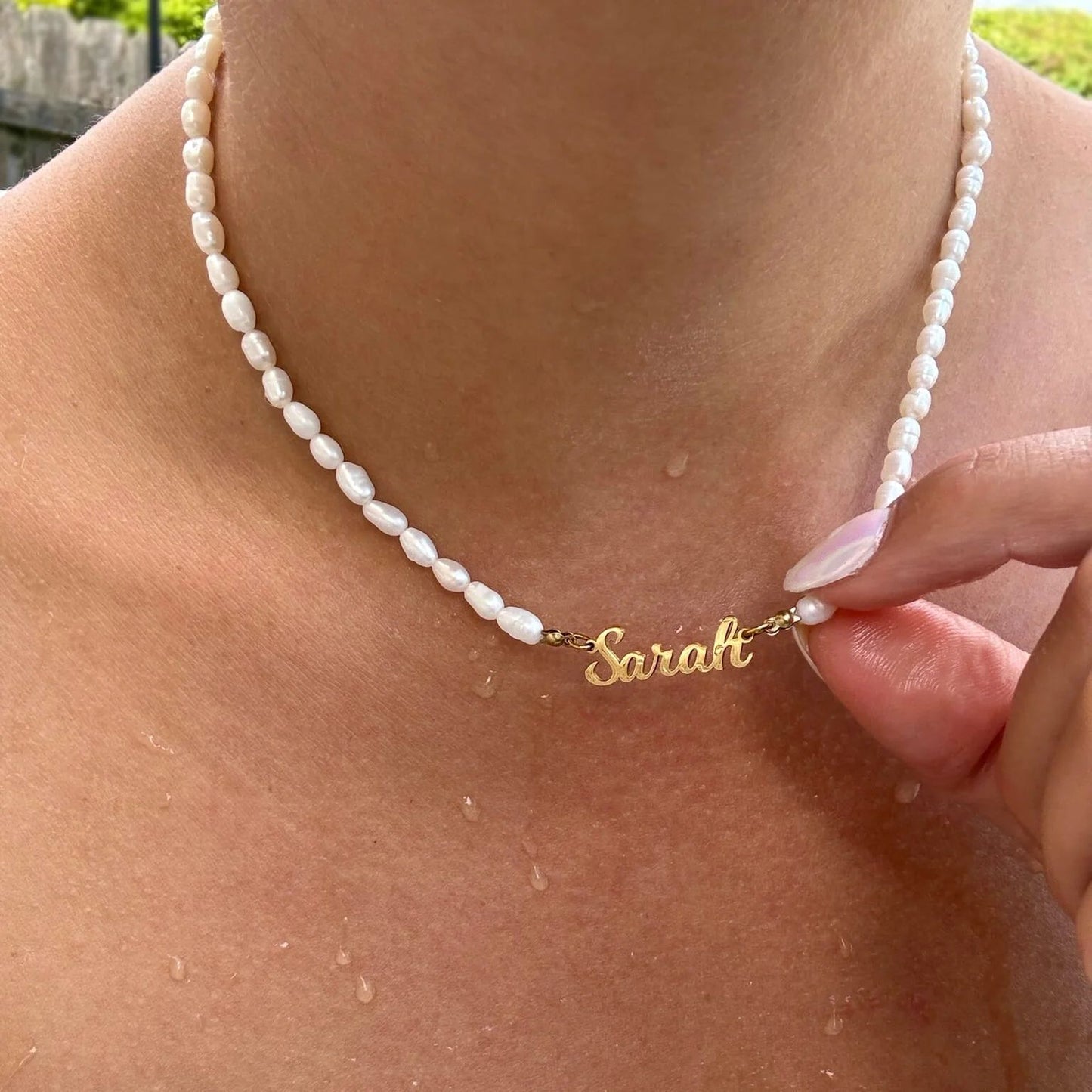 Pearl Necklace with Custom Name Gold Pendant